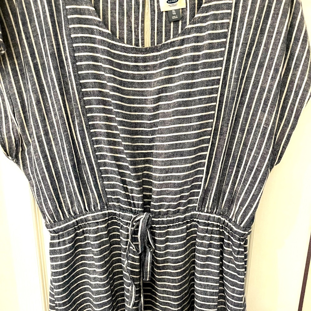 Blue/White striped linen dress, tie front